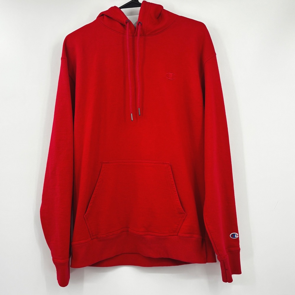 Champion Eco Powerblend Red Hoodie Pullover Mens L Embroidered Logo Sweatshirt